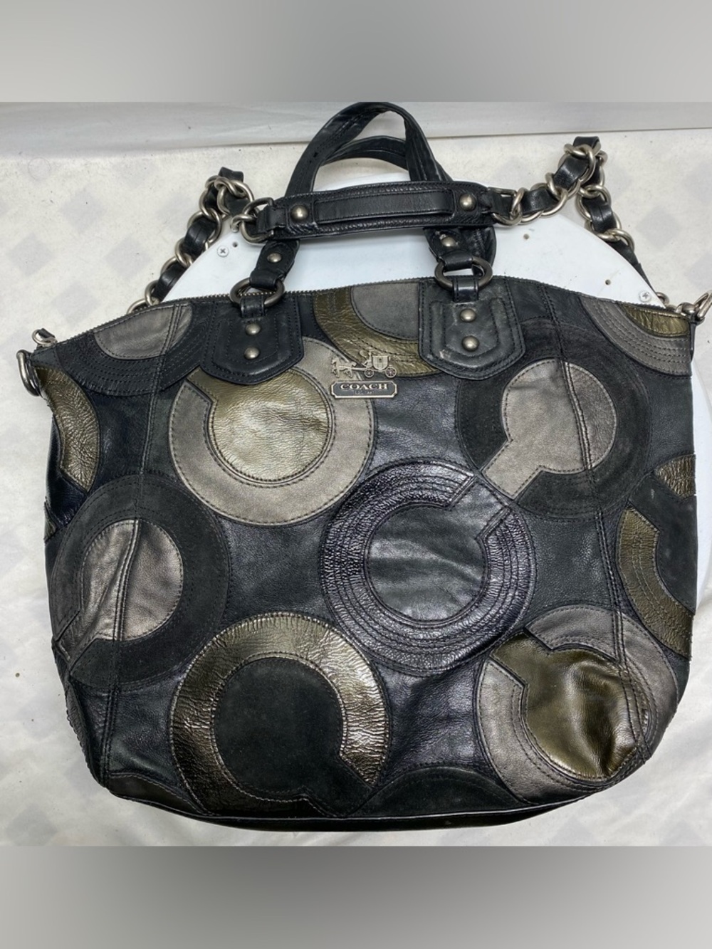 COACH Hobo Madison CLAIRE OP Art Inlaid Leather Black Metallic Purse Tote Y2K